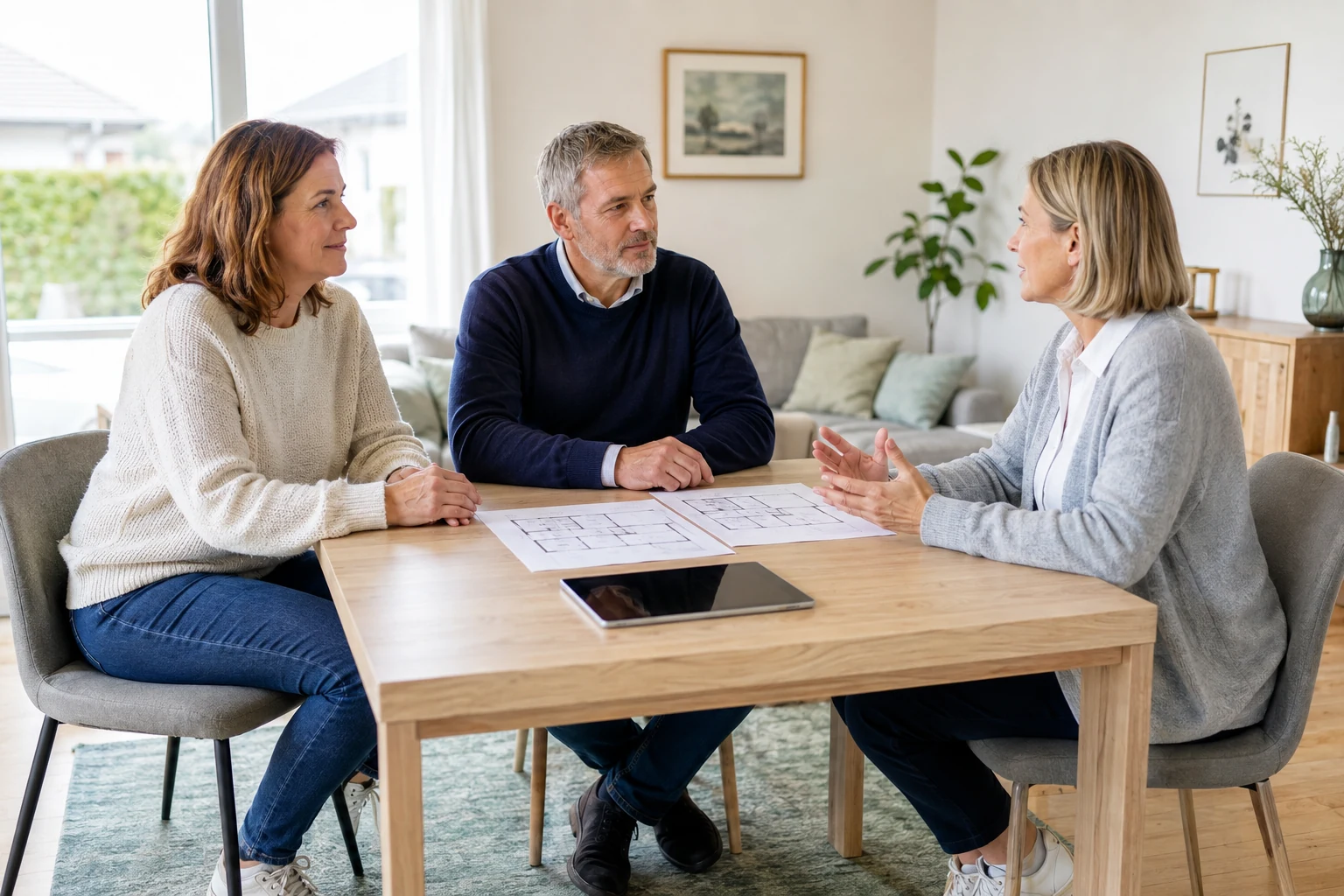 Berufserfahrene Frau und Mann im Gespräch über eine Mitarbeit im Immobilienverkauf
