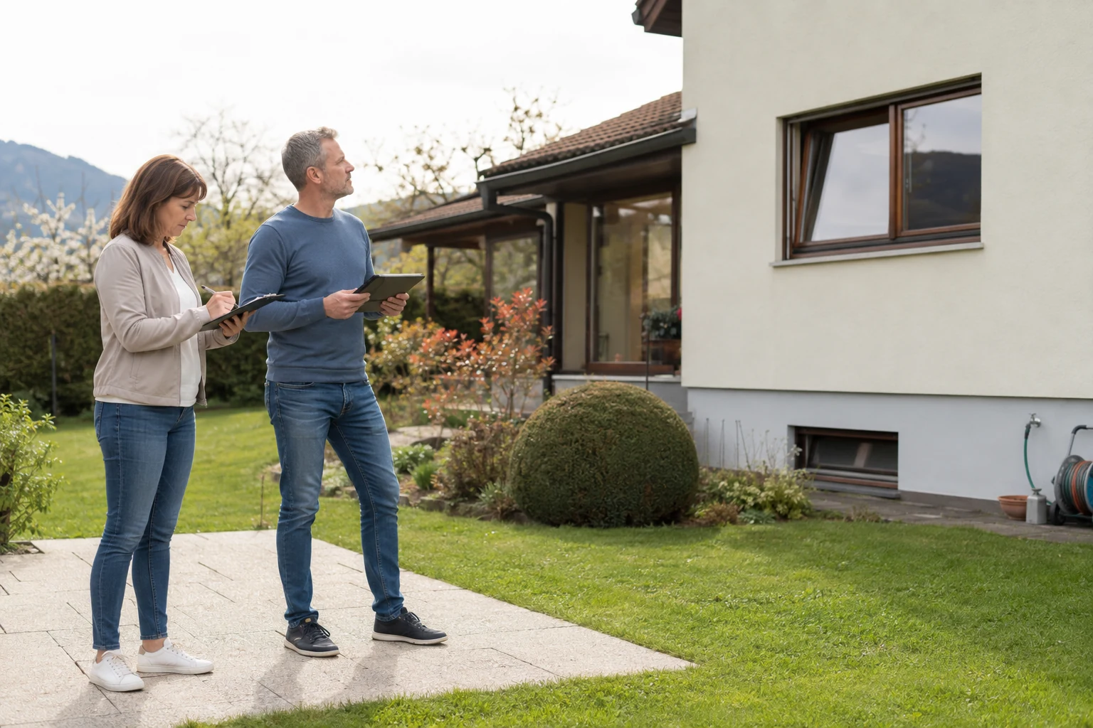 Frau und Mann dokumentieren ein österreichisches Wohnhaus mit Garten